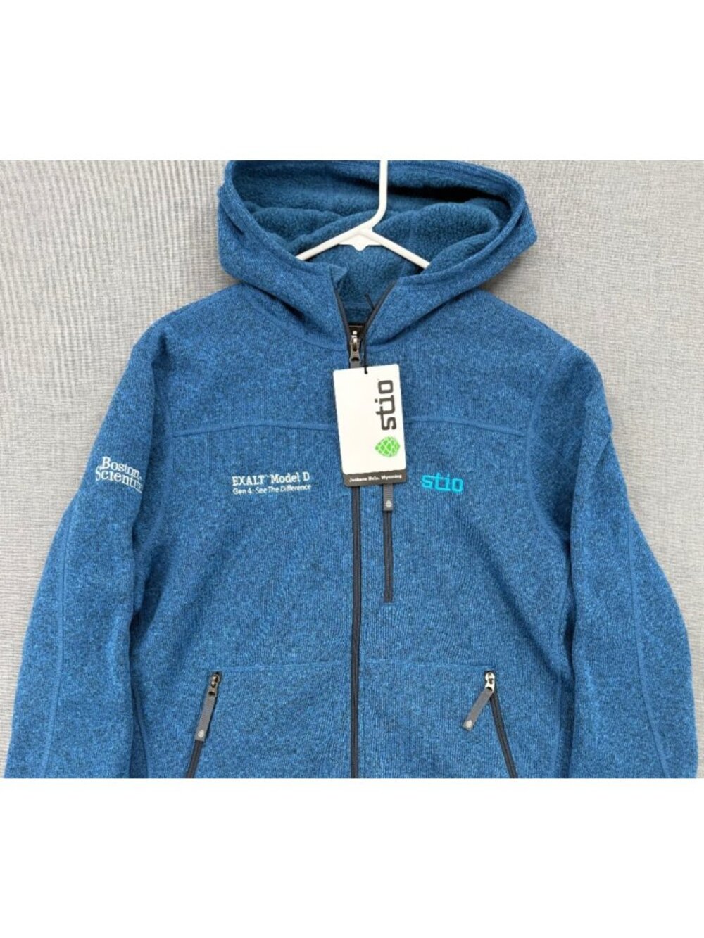 Stio Wilcox Fleece Jacket Hoodie Mens XL Lakespur Blue Heather NWT Company Logos